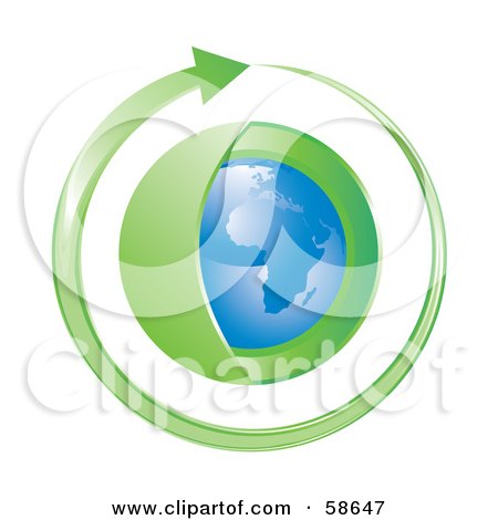 Royalty-Free (RF) Clipart Illustration of a Blue Globe With A Green Layer, Circled By An Arrow by MilsiArt