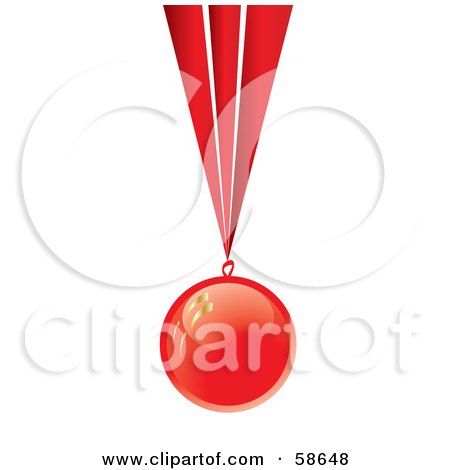 Royalty-Free (RF) Clipart Illustration of a Shiny Red Christmas Bauble Hanging From A Red Ribbon by MilsiArt