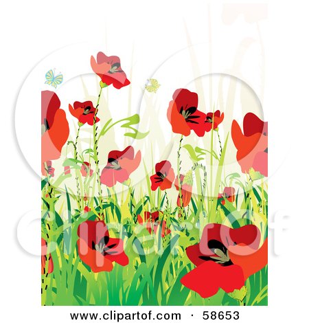 Royalty-Free (RF) Clipart Illustration of a Poppy Field And Butterfly Background With Sample Text - Version 3 by MilsiArt