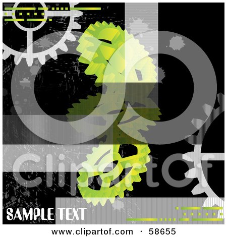 Royalty-Free (RF) Clipart Illustration of a Black And Green Industrial Gear Cog Background With Sample Text by MilsiArt