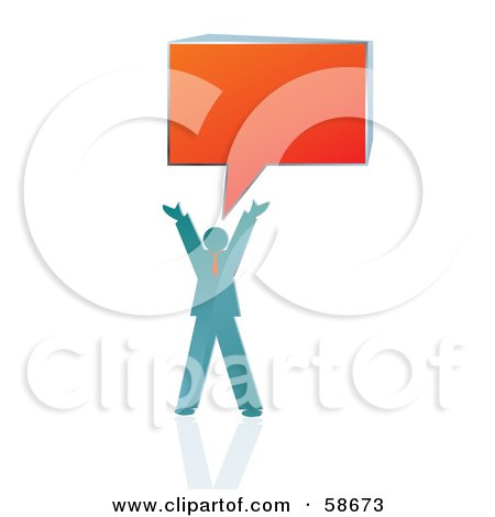 Royalty-Free (RF) Clipart Illustration of a Blue Business Man Holding His Arms Up Under An Orange Speech Box by MilsiArt