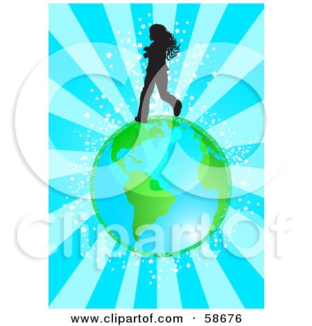 Royalty-Free (RF) Clipart Illustration of a Silhouetted Girl Running Over Earth, On A Bursting Blue Background by MilsiArt