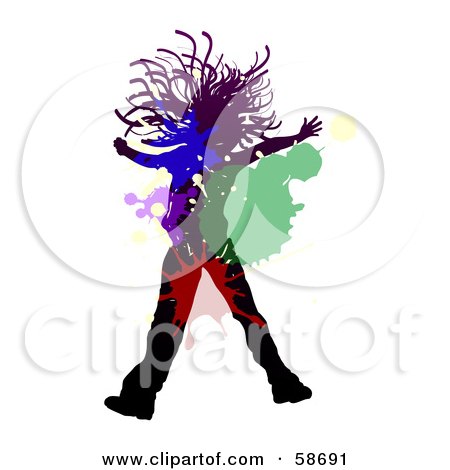 Royalty-Free (RF) Clipart Illustration of a Jumping Silhouetted Girl With Colorful Splatters by MilsiArt