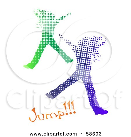 Royalty-Free (RF) Clipart Illustration of Two Halftone Girls Jumping by MilsiArt