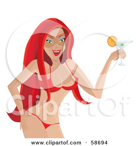 Royalty-Free (RF) Clipart Illustration of a Redhead Lady In A Bikini, Holding A Martini by MilsiArt
