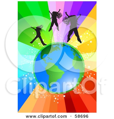 Royalty-Free (RF) Clipart Illustration of Three Silhouetted Children Jumping Over Earth by MilsiArt