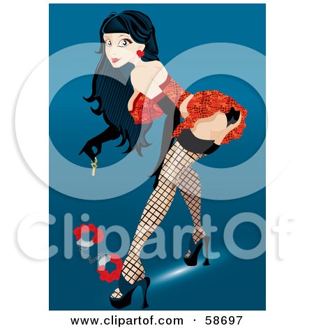Royalty-Free (RF) Clipart Illustration of a Sexy Pinup Woman Bending Over To Pick Up Handcuffs by MilsiArt