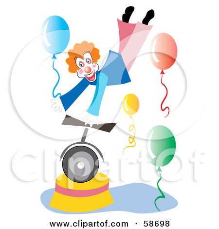 Royalty-Free (RF) Clipart Illustration of a Circus Clown Balancing On One Hand On A Unicycle, Holding A Balloon by MilsiArt