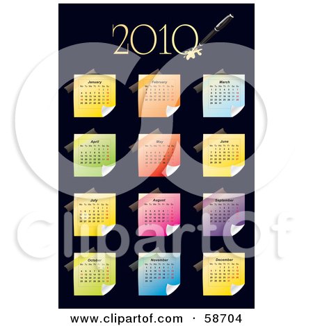 Royalty-Free (RF) Clipart Illustration of a Colorful Sticky Note 2010 Calendar by MilsiArt