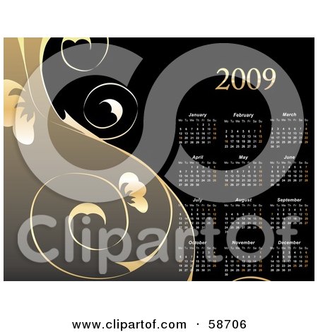 Royalty-Free (RF) Clipart Illustration of a Gold And Black Floral Vine 2009 Calendar by MilsiArt