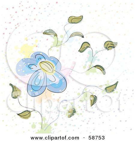 Royalty-Free (RF) Clipart Illustration of a Blooming Blue Flower On A Vine, With Pastel Splatters by MilsiArt