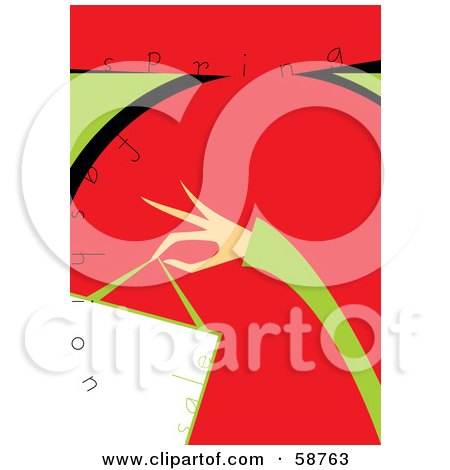Royalty-Free (RF) Clipart Illustration of a Green And Red Spring Fashion Sale Background With A Woman's Hand Holding A Bag by MilsiArt