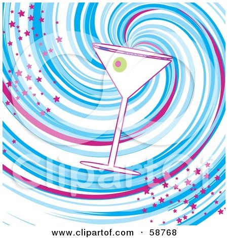 Royalty-Free (RF) Clipart Illustration of a Slanted Martini On A Swirling Blue, White And Purple Background by MilsiArt