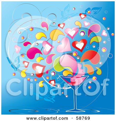 Royalty-Free (RF) Clipart Illustration of a Cocktail Glass With Colorful Heart Splashes And Butterflies On Blue by MilsiArt