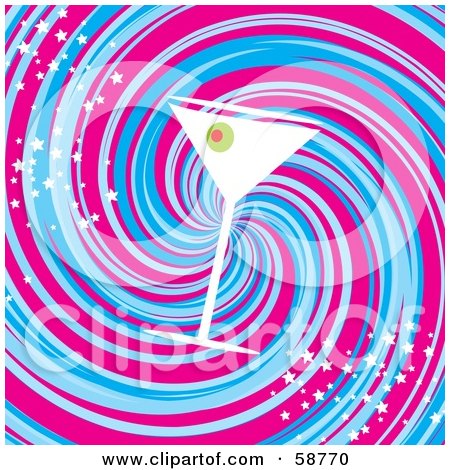 Royalty-Free (RF) Clipart Illustration of a Slanted Martini On A Swirling Blue And Pink Background by MilsiArt