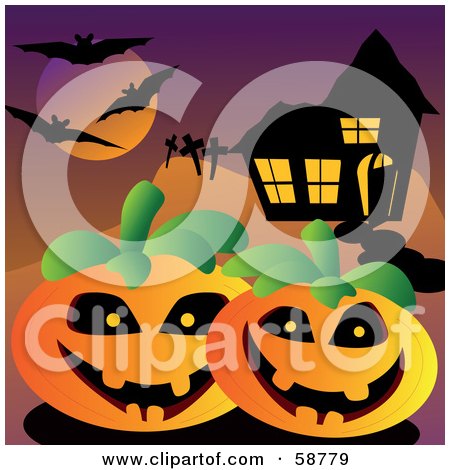 Royalty-Free (RF) Clipart Illustration of Silhouetted Bats Flying Over A Cemetery And Halloween Pumpkins By A Spooky House by kaycee