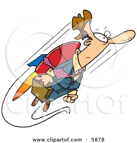Business Man Heading to Work While Flying, Attached to a Jet Pack Clipart Illustration by toonaday