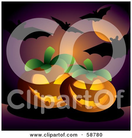 Royalty-Free (RF) Clipart Illustration of a Purple Moonlit Sky Silhouetting Bats Over Halloween Pumpkins by kaycee