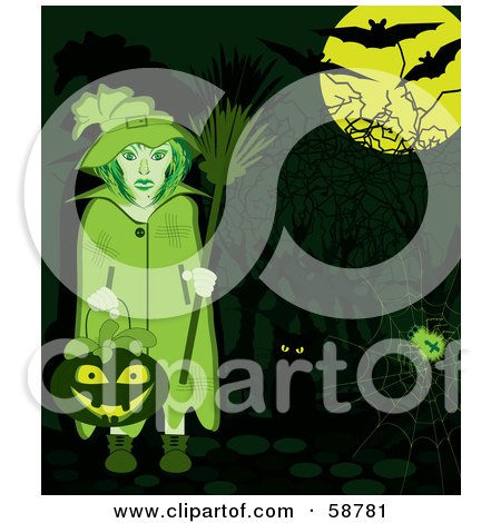 Royalty-Free (RF) Clipart Illustration of a Green Witch Holding A Pumpkin Basket, Standing By Her Cat And A Spider Web Under Bats And A Full Moon by kaycee