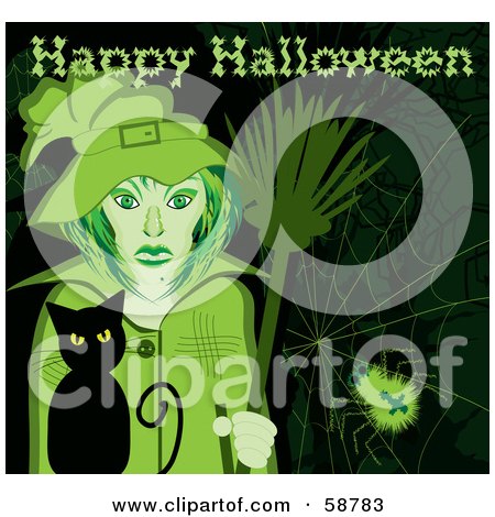 Royalty-Free (RF) Clipart Illustration of a Halloween Witch With Her Broom And Cat, Standing By A Spider Web, With A Greeting by kaycee