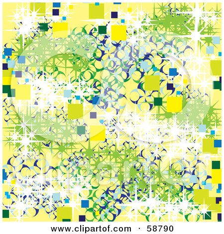 Royalty-Free (RF) Clipart Illustration of an Abstract Background Of Green, White, Blue And Yellow Squares, Circles And Sparkles by kaycee