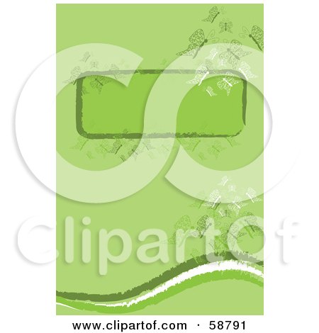 Royalty-Free (RF) Clipart Illustration of a Green Background With A Blank Text Box, Waves And Elegant Butterflies by kaycee