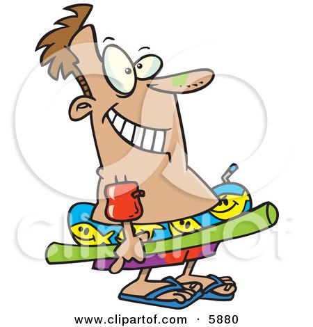 Man With Sunscreen on His Nose, Floaties on His Arm, and Float Toys, Ready to Swim Clipart Illustration by toonaday