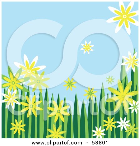 Royalty-Free (RF) Clipart Illustration of a Border Of Yellow, Green And White Flowers And Grass Against A Blue Sky by kaycee