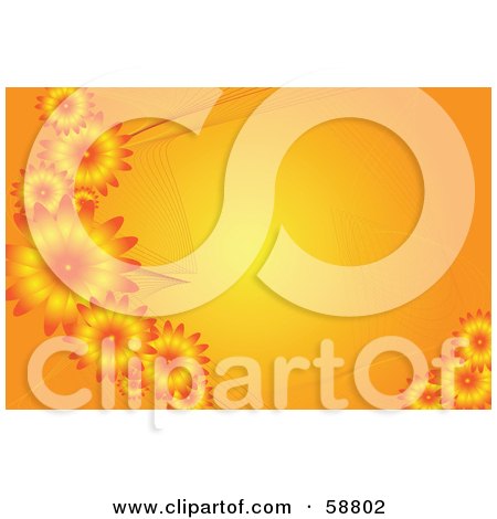 Royalty-Free (RF) Clipart Illustration of a Border Of Glowing Orange Daisy Flowers And Wavy Lines On Orange by kaycee