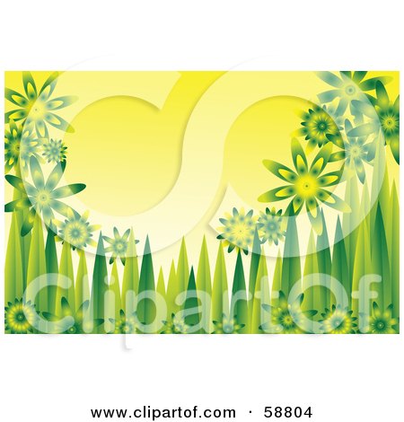 Royalty-Free (RF) Clipart Illustration of a Background Of Shiny Green Flowers And Grass Blades On Yellow by kaycee