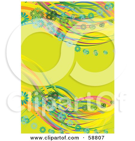 Royalty-Free (RF) Clipart Illustration of Rainbow Waves Of Green And Blue Daisies On A Lime Green Background by kaycee