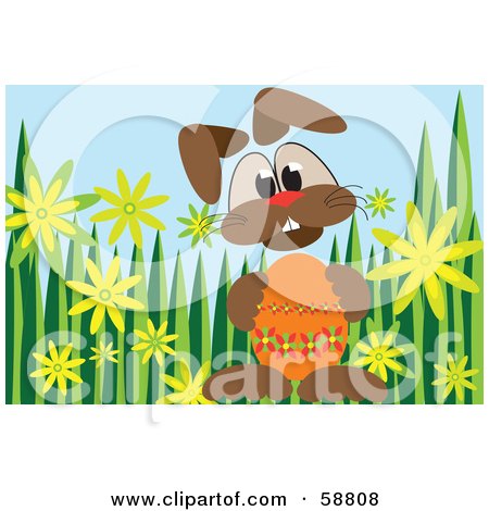 Royalty-Free (RF) Clipart Illustration of a Bunny Holding An Orange Easter Egg, On A Grassy Background by kaycee
