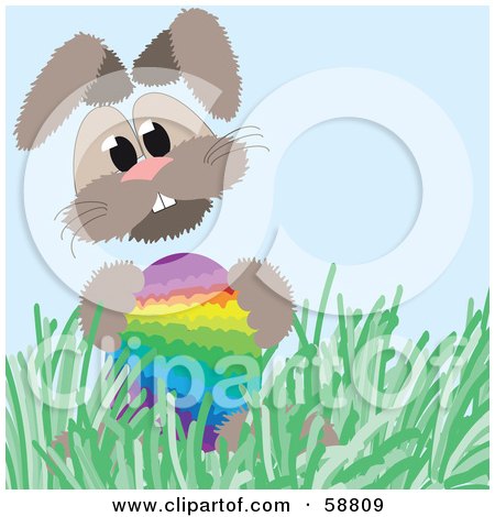Royalty-Free (RF) Clipart Illustration of a Bunny Rabbit In Grass, Holding A Rainbow Easter Egg by kaycee