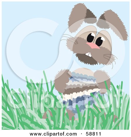Royalty-Free (RF) Clipart Illustration of a Bunny Rabbit In Grass, Holding A Blue And Gray Easter Egg by kaycee