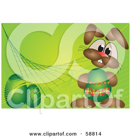 Royalty-Free (RF) Clipart Illustration of a Bunny Holding An Easter Egg, On A Green Background by kaycee
