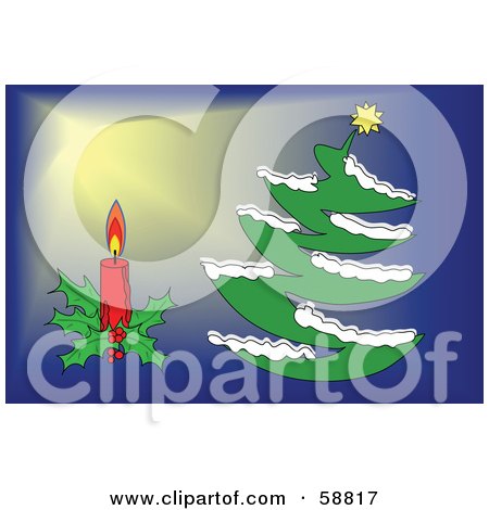Royalty-Free (RF) Clipart Illustration of a Digital Collage Of A Christmas Candle And Christmas Tree Over Blue And Yellow by kaycee