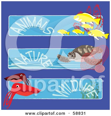 Royalty-Free (RF) Clipart Illustration of a Digital Collage Of Three Fish, Turtle And Squid Animals, Nature And Wildlife Banners by kaycee