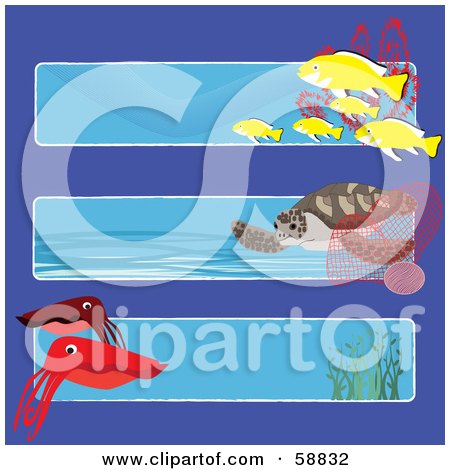 Royalty-Free (RF) Clipart Illustration of a Digital Collage Of Three Ocean Banners With Fish, A Turtle And Squid by kaycee