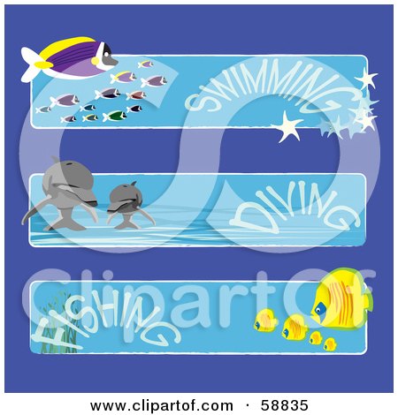 Royalty-Free (RF) Clipart Illustration of a Digital Collage Of Three Fish And Dolphin Swimming, Diving And Fishing Banners by kaycee
