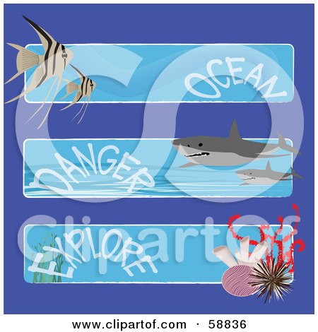 Royalty-Free (RF) Clipart Illustration of a Digital Collage Of Three Fish, Shark And Coral Ocean, Danger And Explore Banners by kaycee