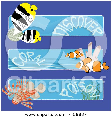 Royalty-Free (RF) Clipart Illustration of a Digital Collage Of Three Fish Discover, Coral And Poison Banners by kaycee