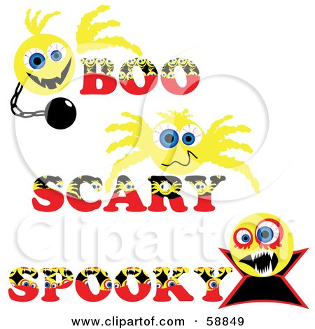 Royalty-Free (RF) Clipart Illustration of a Digital Collage Of Three Boo, Scary And Spooky Yellow Halloween Emoticons by kaycee