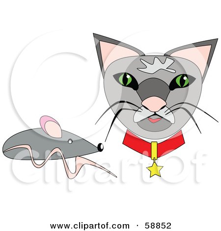 Royalty-Free (RF) Clipart Illustration of a Gray Mouse By A Kitty Cat Face by kaycee