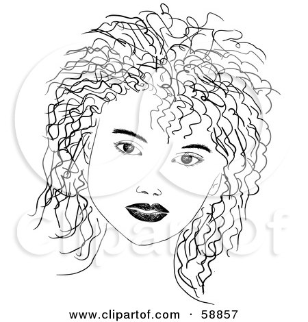 Royalty-Free (RF) Clipart Illustration of a Black And White Woman's Face Sketch With Wavy Hair by kaycee