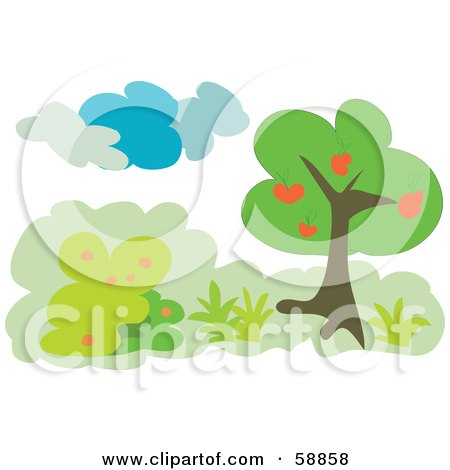 Royalty-Free (RF) Clipart Illustration of a Heart Fruit Tree With Shrubs Under Clouds by kaycee