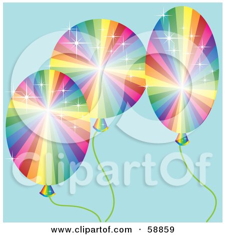 Royalty-Free (RF) Clipart Illustration of Three Sparkling Rainbow Balloons Over Blue by kaycee