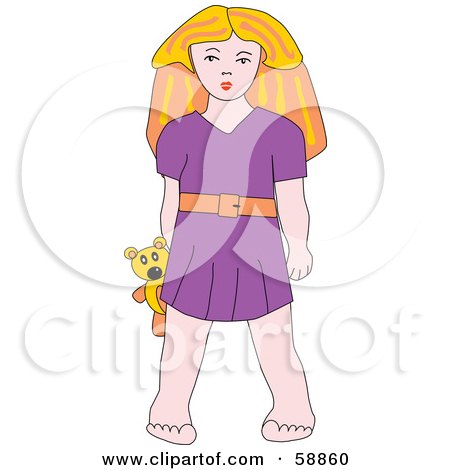 Royalty-Free (RF) Clipart Illustration of a Blond Girl In A Purple Dress, Standing With A Teddy Bear by kaycee