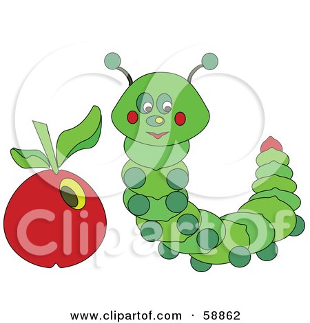 Royalty-Free (RF) Clipart Illustration of a Green Caterpillar By A Red Apple by kaycee