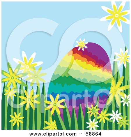 Royalty-Free (RF) Clipart Illustration of a Rainbow Easter Egg Nestled In Flowers And Grass by kaycee