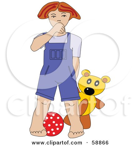 Royalty-Free (RF) Clipart Illustration of a Red Haired Boy In Overalls, Standing With A Teddy Bear And Ball by kaycee